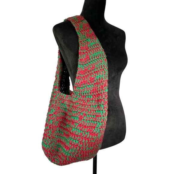Handcrafted Red Green Crochet Bag Hand Crafted Knit Shoulder Bag Christmas Tote - Picture 2 of 12